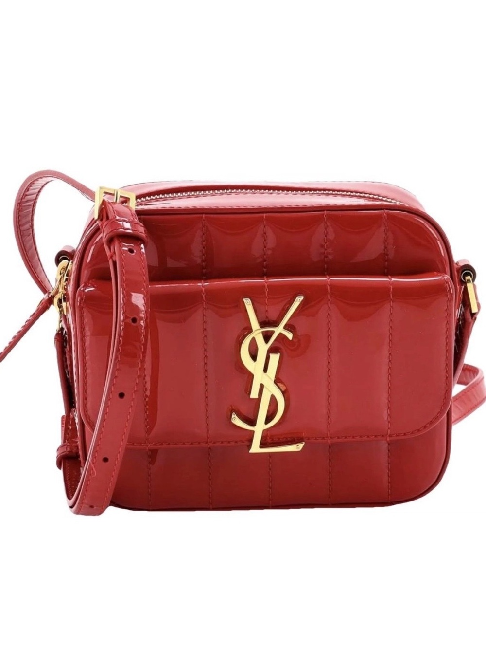Saint Laurent Red Patent Quilted Camera Crossbody with Gold YSL Hardware
